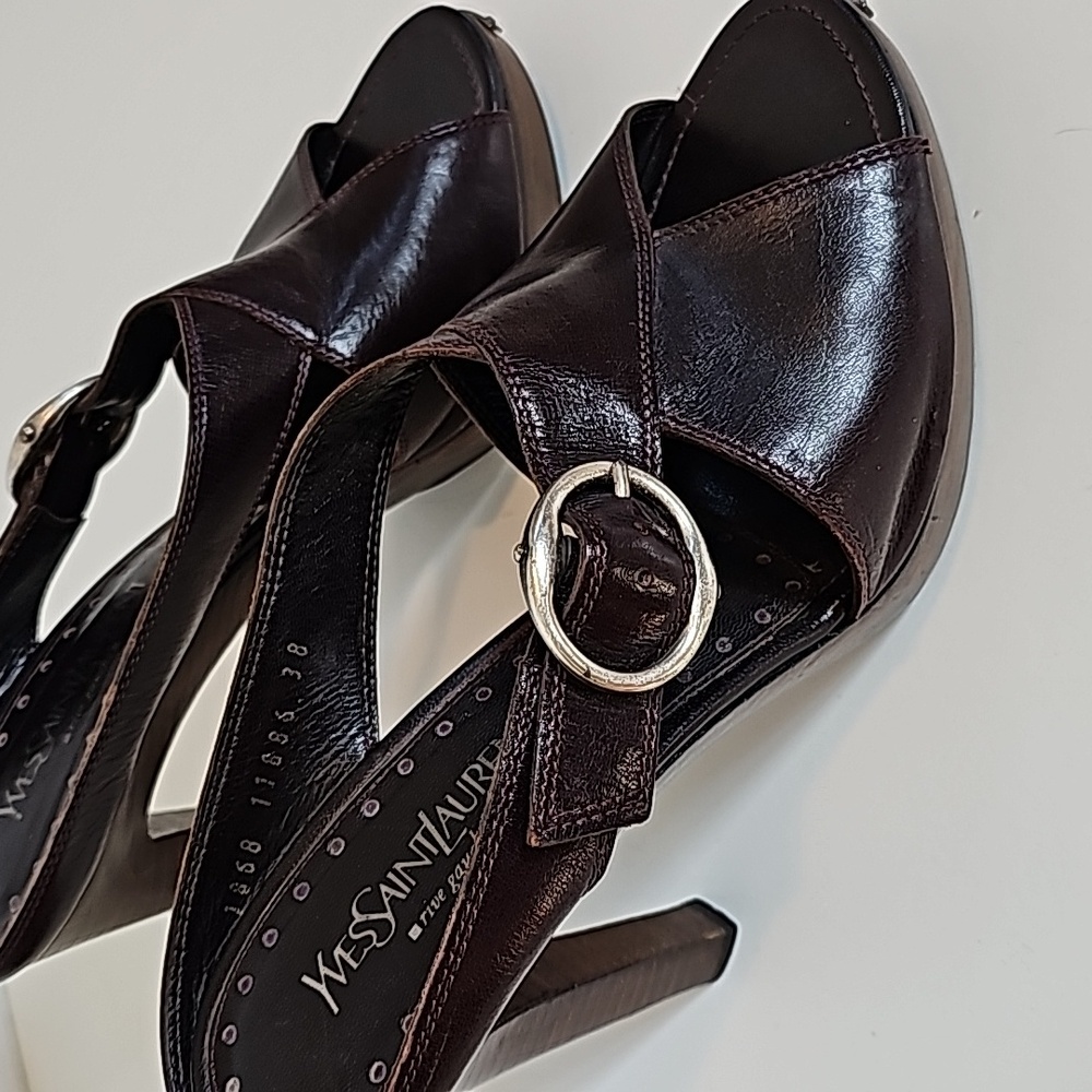 Y2K Yves Saint Laurent  Vintage Wood  heel sandals in dark brown color - Picture 3 of 9